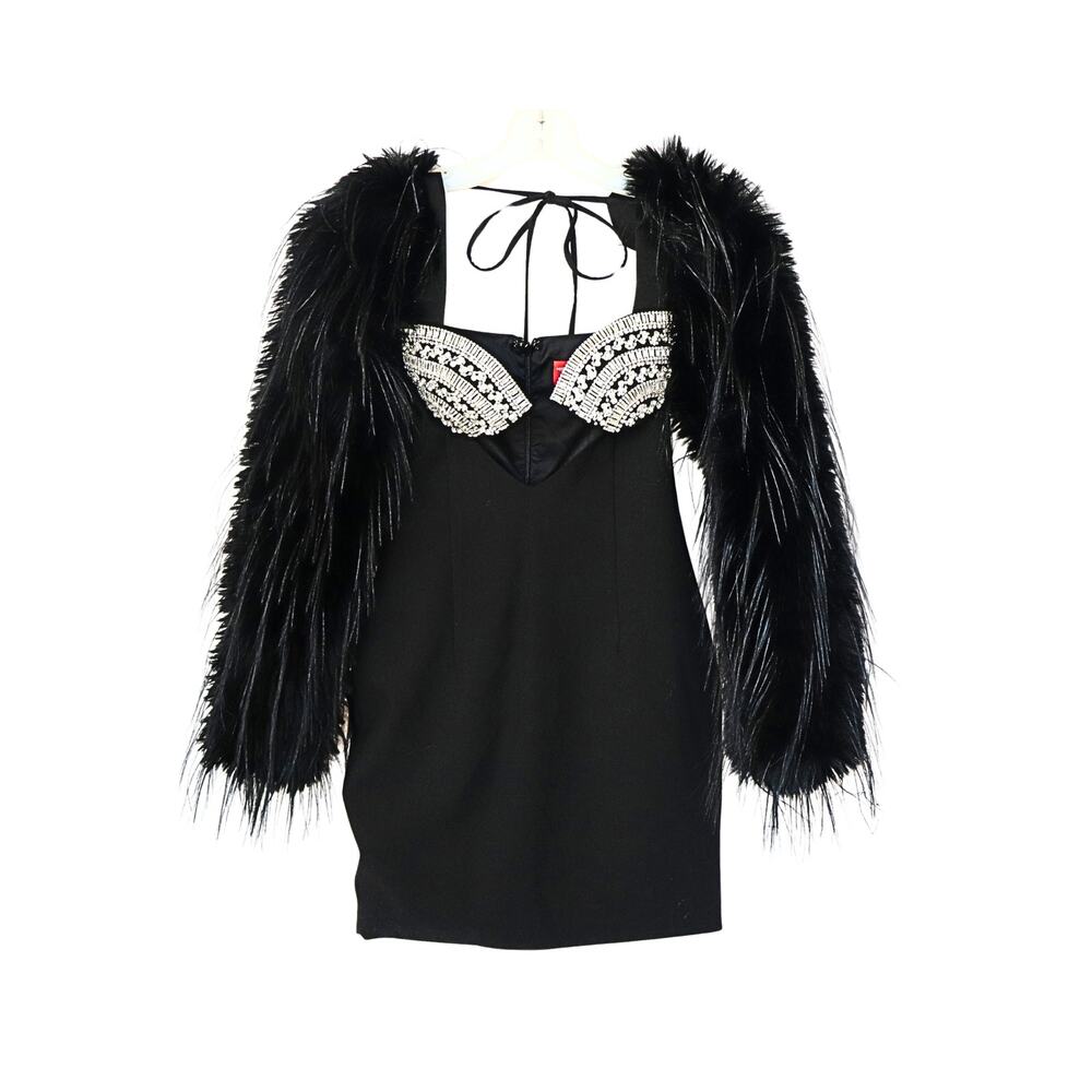 Idonea Black Faux Fur Sleeve Crystal Bustier Dress - Black - XS